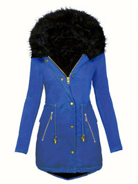 Zipper Faux Fur Decorative Hat Fur Coat Long Sleeve Oblique