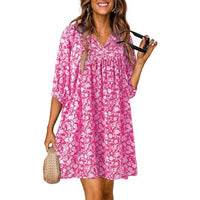 Casual Bohemian Floral Print V-Neck Lantern-Sleeve Dress