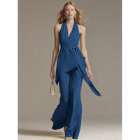 Neck-hanging Backless Belted Sleeveless Wide-leg Suit For Women