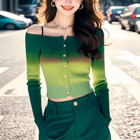 Gradient Contrast Off-shoulder Sweater Women's Clothing