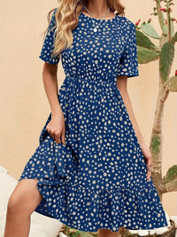 Womens Fashion Polka-Dot Crew-Neck Short-Sleeve Dress