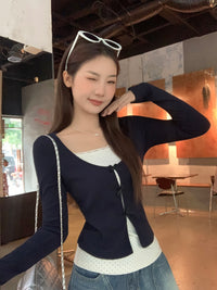 False Two-piece Patchwork Bow Long Sleeve T-shirt Women's Slim Top