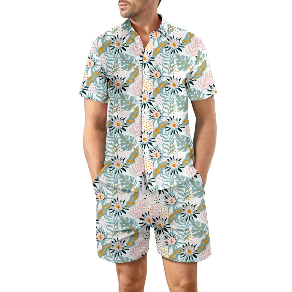 European Size Men's Casual Loose Shirt Suit Hawaii Seaside 3d Digital Printing Beach Short Sleeve Shorts