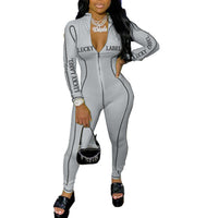 European and American alphabet print sexy zipper jumpsuit