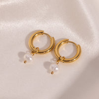 Stylish 18K Gold Stainless Steel Pearl Pendant Earrings