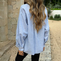 Elegant Commuter Blue And White Striped Button-Up Shirt