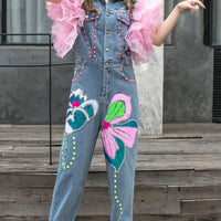 Sequin Flower Rhinestone With Mesh Flying Sleeve Denim Jumpsuit