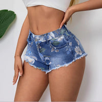Womens Floral Print Denim Shorts From Europe And The US