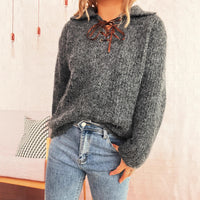 Simple Commute Lapel Tied Knitted Pullover Solid Color Loose Sweater