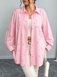 New Plus Size Womens Shirt Jacket With Bow Tie And Print Long Sleeve Top