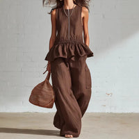 Summer Sleeveless Pleated Tank Top And Wide Leg Pants Set For Women