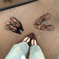 2026 Spring Summer New T-Strap Leopard Print Pointed Toe Slim Heel Mid Heel Closed Toe Sandals, Thin Strap Backless High Heels For Women
