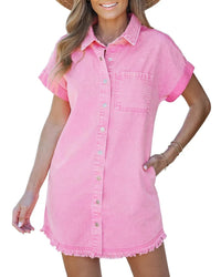 Womens Short-Sleeve Denim Shirt Dress Denim Button-Up Casual Style