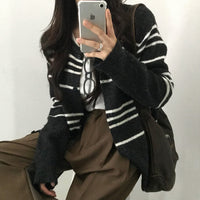 Retro Contrast Color Striped Sweater Coat Knitted Cardigan