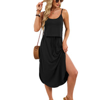 Spring Summer New Solid-Color U-Neck Camisole Drawstring Slit Dress