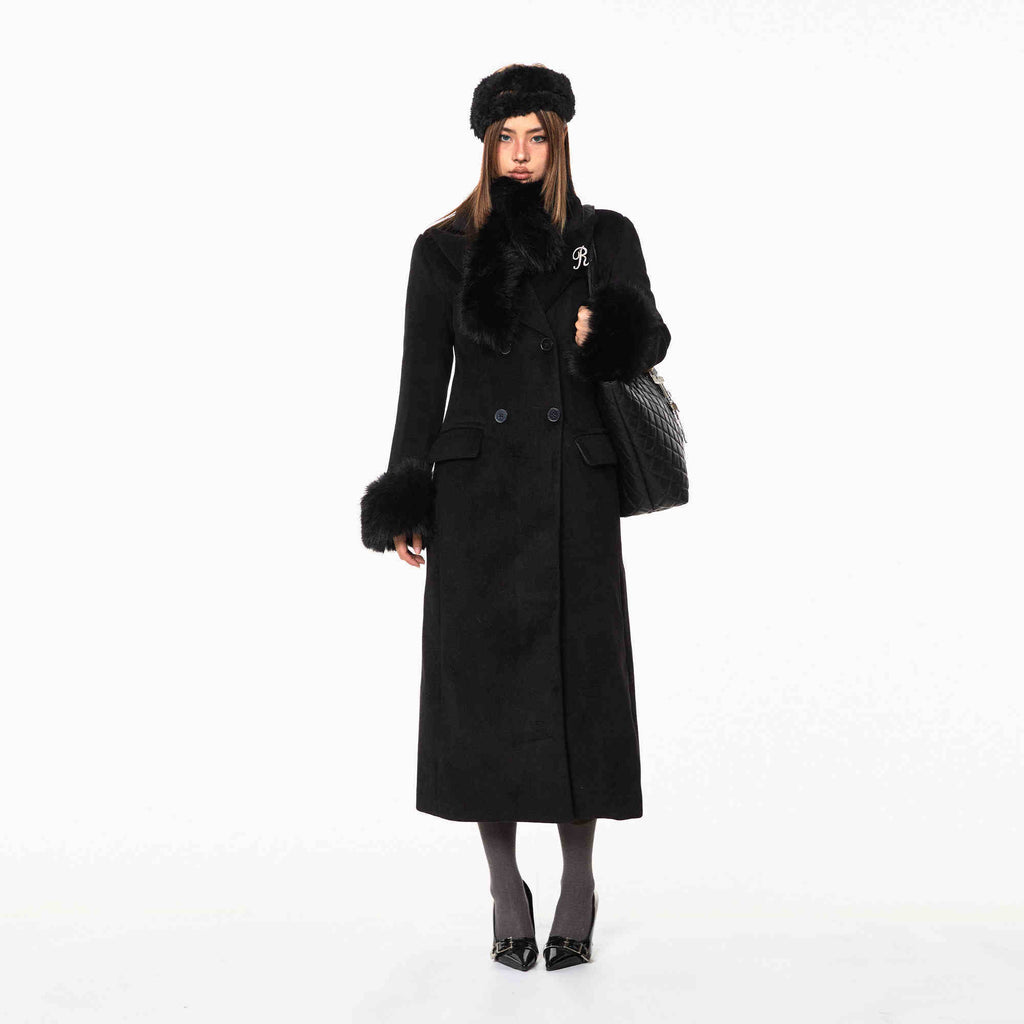 Waist-tight Woolen Fur Collar Quilted Long Overcoat Outerwear