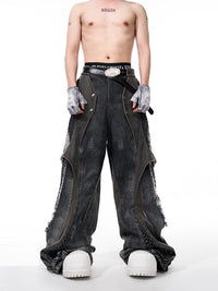 Structure Leather Patchwork Men's Summer Snake Bone Pleated Wide Leg Mop Pants