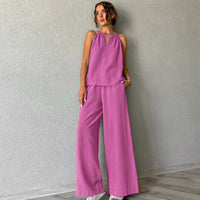 Khaki Cotton-Linen Hollowed-Out Lace-Up Sleeveless Halter Vest And Wide-Leg Pants Set