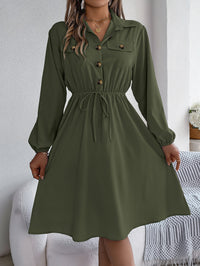 Womens Casual Buttoned Lace-Up Waist-Cinching Long-Sleeve Dress