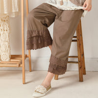 Elastic-Waist Solid Color Cotton-Linen Cropped Pants