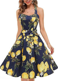 Womens Neck-Hanging Tube Top Sleeveless Printed Retro Maxi Dress