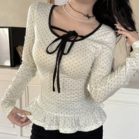Polka-dot Printed Lace-trimmed Long-sleeve Top For Women