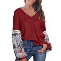 New European And American Autumn And Winter V-neck Waffle Loose Printed Long-sleeved T-shirt
