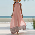 Mesh Contrast-color Halter Maxi Dress Sleeveless Casual Sundress