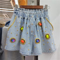 Diamond Beaded High Waist Women's Wide-Leg Denim Shorts