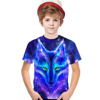 3D Purple Wolf Head Printed Children's Short Sleeve T-Shirt Europe And America