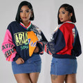 Women's Casual Fashion Stitching Contrast Color Letter Printing Loose V-neck Sweatshirt