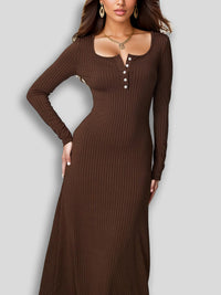 Buttoned Square-neck Long-sleeve Elegant Dress