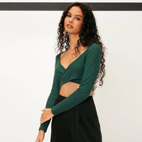 Sexy Crop Top V-neck Women's Solid Color Versatile Slim-fit Knit T-shirt