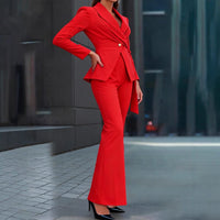 One Button Waist Cinched Belted Flared Pants Suit Set
