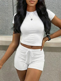 Women's Short-Sleeve High-Waist Midriff-Baring Drawstring Shorts Set