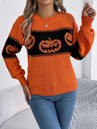 Women Pumpkin Head Color Block Long Sleeve Pullover Sweater