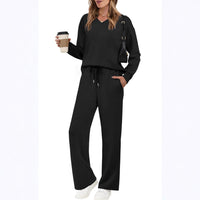 Long-sleeve Drawstring Solid-color Casual Pants Set