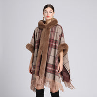 Loose Plaid Plus Cashmere Fur Collar Knitted Inverness