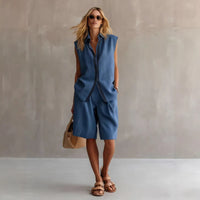 Single-breasted Sleeveless Linen Shirt And Shorts Set