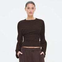 New Solid Color Round Neck Striped Sexy Long Sleeve T-shirt