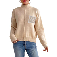 Women's Pure Color Half Collar Sequined Hollow-out Pocket Stitching Sweater