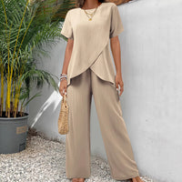 Womens Two-Piece Set Crew-Neck Short-Sleeve Pullover With A Loose