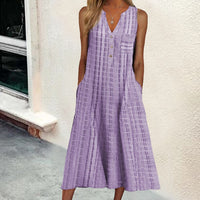 Fashionable Pocketed V-Neck Striped Sleeveless Casual Dress