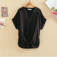 Solid Color And V-neck Batwing Sleeve Top Loose Slimming Cotton And Linen Shirt