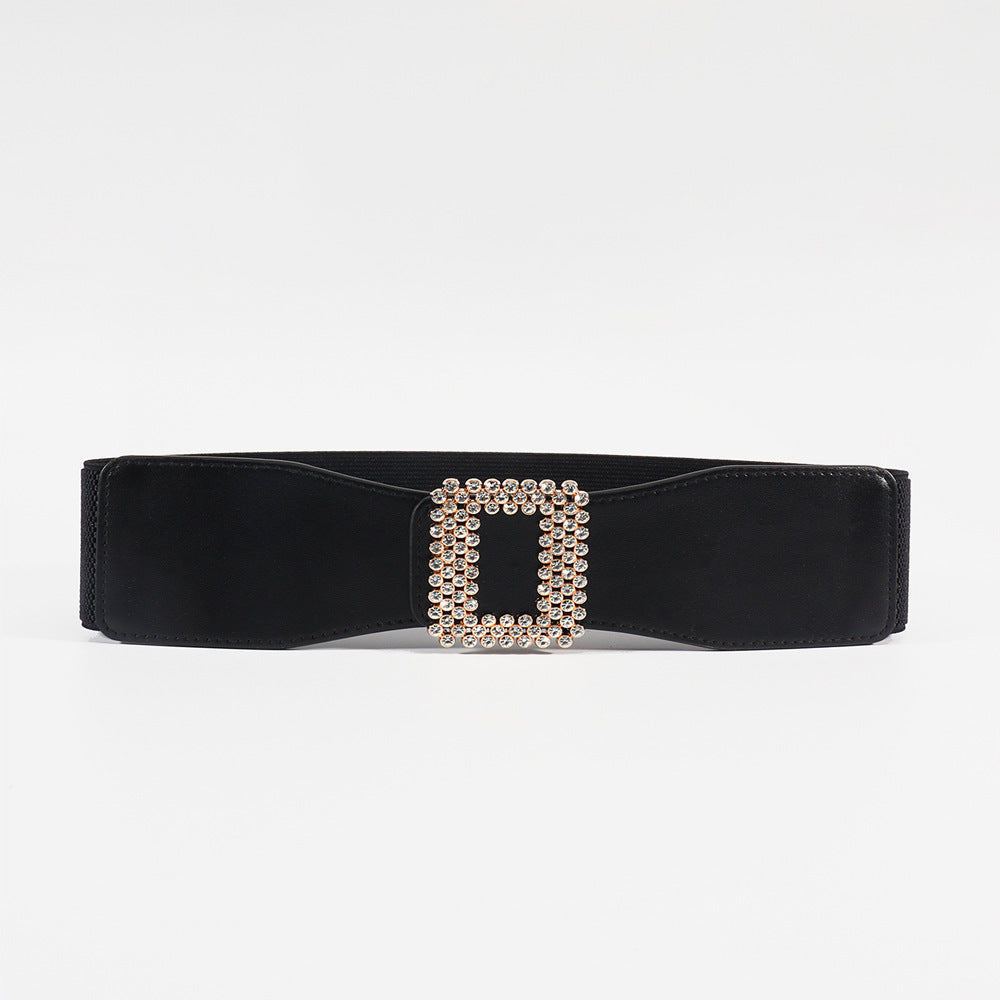 Elastic Female Black Rhinestone Square Buckle Elastic Waistband