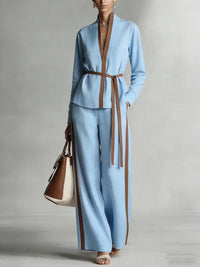 Women's Casual Patchwork Cardigan Shirt And Wide-Leg Pants Set