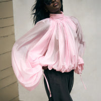 Sheer Lantern Sleeve Pleated Bud-Neckline Shirt