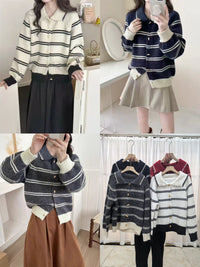 Korean Style Contrast Color Striped Lapel Sweater Cardigan