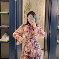 Retro Floral Print Bow Long-sleeved Jumpsuit Skirt