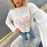 Color-block Crew-neck Retro Embroidered Loose-fitting Pullover Sweater